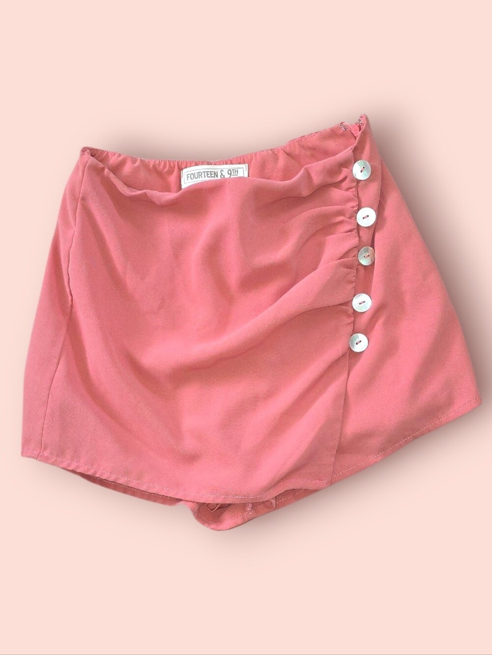 XS - Fourteen & 9th Dusty Rose Coral Pink Ruched Asymmetrical Button Skort